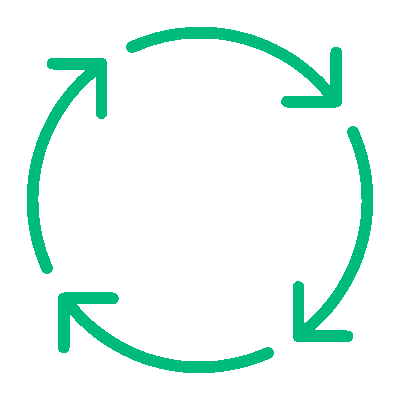 Icono de flechas girando en círculo que representa la implementación de Buenas Prácticas de Manufactura (BPM) con Insega, consultoría especializada.