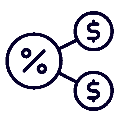 Icono de círculos con porcentaje y dólar representando consultoría para microempresas y PYMES en BPM y SST con Insega.