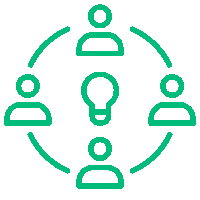 Icono de equipo colaborativo con bombilla, plan correctivo y preventivo para la reducción de riesgos y rechazos en la manufactura. Insega, consultoría especializada en BPM y SST.